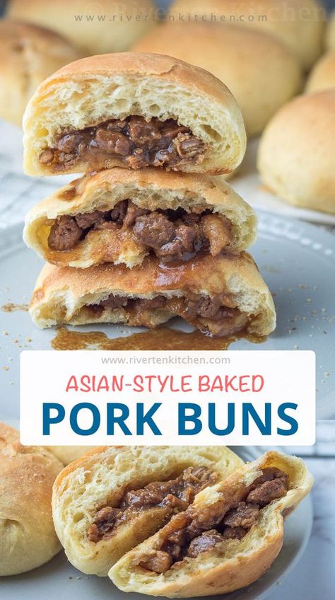 Korean Style Sweet Bread, Asian Desserts Japanese Style, Stuffed Buns Recipe Meat, Asian Buns Recipe, Meat Filled Buns, Baked Siopao Recipe, Filipino Meryenda, Asado Siopao, Filipino Pandesal