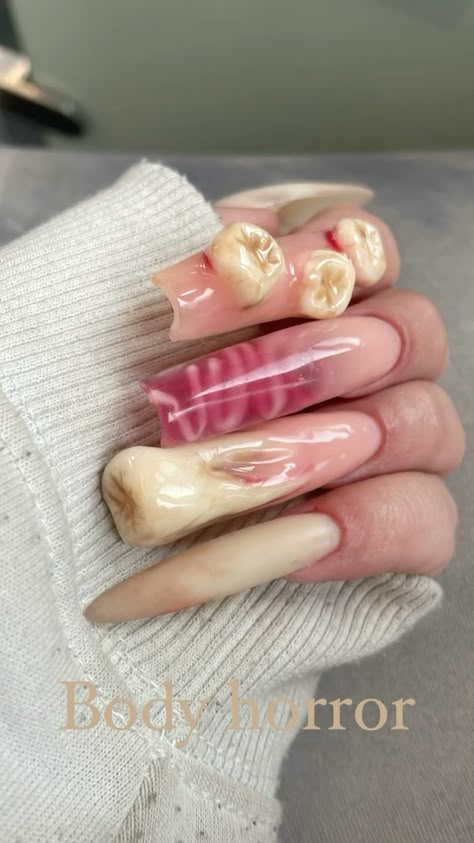 Gel nails, teeth, gross, gore, cute Insta: ziyuefanpage Teeth Nails Art, Really Ugly Nails, Ugly Nails Weird, Horrible Nails, Gore Nails, Mouth Nails, Pirate Nails, Weird Nails, Dirty Nails