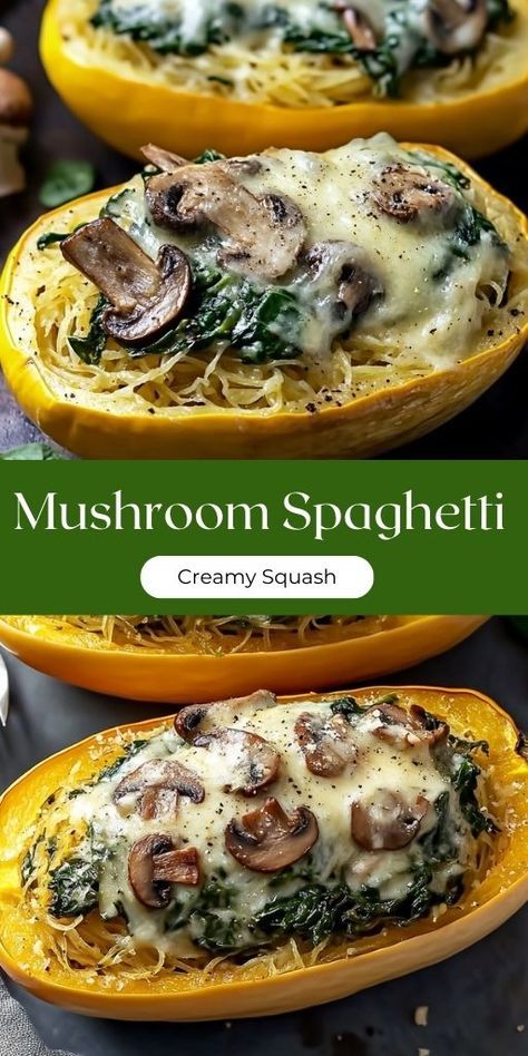 Creamy Spinach and Mushroom Stuffed Spaghetti Squash Ingredients: 1 large spaghetti squash 🍝 2 cups fresh spinach, chopped 🌿 1 cup mushrooms, sliced 🍄 1/2 cup ricotta cheese 🧀 1/4 cup Parmesan cheese, grated 🧀 1/2 cup mozzarella cheese, shredded 🧀 1/2 cup heavy cream 🥛 2 cloves garlic, minced 🧄 2 tbsp olive oil 🫒 Salt and pepper to taste 🧂 1/2 tsp red pepper flakes (optional) 🌶️ #SpaghettiSquash #CreamyMushroom Spaghetti Squash Recipes Healthy, Stuffed Spaghetti Squash, Mushrooms And Spinach, Mushroom Stuffed, Spinach And Mushroom, Sautéed Mushrooms, Cheese Spaghetti, Spaghetti Squash Recipes, Fresh Spinach