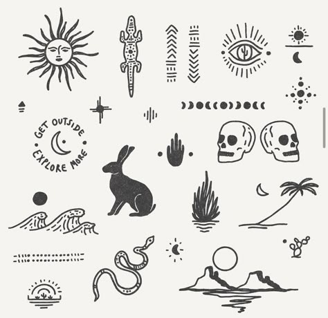 inspo Vewn Art Tattoo, Funky Tattoo Designs, Funky Small Tattoos, Simple Western Drawings, Flash Tattoo Men, Western Flash Tattoo, Desert Tattoo, Earthy Tattoos, Tattoos Cute