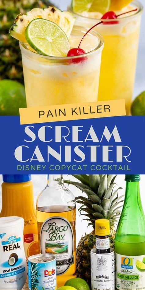 A Pain Killer Cocktail is an easy drink recipe with pineapple, orange juice, coconut, and rum. It's like a Pina Colada on the rocks with orange juice! It's also a Disneyland Lamplight Lounge copycat recipe: the Scream Canister Cocktail! Pina Colada On The Rocks, Pain Killer Cocktail, Scream Canister, Painkiller Drink, Recipe With Pineapple, Alcohol Mixers, Juice Coconut, Dessert Hacks, Pina Colada Recipe