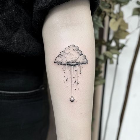 Raindrop Tattoo, Rain Tattoo, Cloud Rain, Inner Forearm Tattoo, Thigh Tattoo Designs, Goddess Tattoo, Cloud Tattoo, Hip Tattoos Women, Leg Sleeve Tattoo