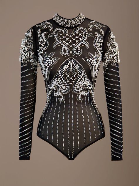 Embroidery Pearls, Embellished Bodysuit, Embellished Clothing, Sassy Outfit, Heavy Embroidery, Stage Costume, Oversize Fashion, Mesh Bodysuit, Glam Looks