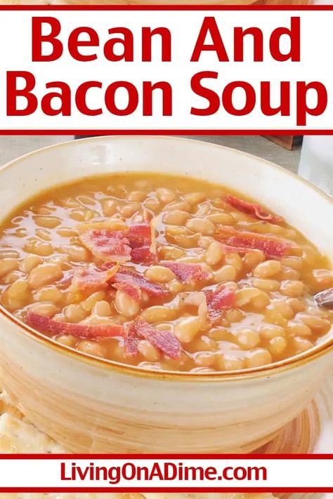 This bean and bacon soup recipe makes a hearty bean soup perfect for hungry families! It makes a great main dish, especially on weeknights when you don't feel like cooking. Serve with cornbread and biscuits for a perfect meal. It's easy to make with about 5 minutes prep time and then simmer. Cheese Soup Recipe Easy, Bacon Soup Recipes, Easy Homemade Soups, Bean And Bacon Soup, Potato Bacon Soup, With Cornbread, Turkey Soup Recipe, Cheese Burger Soup Recipes, Easy Family Dinner