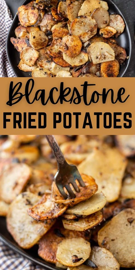 Blackstone Fried Potatoes Recipe - grillonadime.com Steak Sides On Blackstone, Blackstone Recipes Sides, Blackstone Mushrooms, Blackstone Meat And Veggies, Drumsticks On Blackstone Griddle, Burger Sides On Blackstone, Blackstone Roasted Veggies, Baked Potatoes On The Blackstone, Grilling On Blackstone