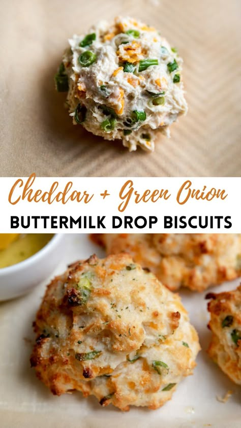 Cheddar Green Onion Biscuits, Green Onion Cheddar Biscuits, Savory Drop Biscuits, Flavored Biscuit Recipes, Drop Buiscits Recipes, Bisquick Rolls, Green Onion Recipes, Green Onion Biscuits, Buttermilk Drop Biscuits