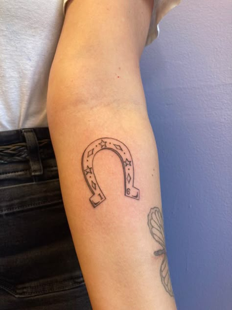 Upside Down Horseshoe Tattoo, Western Horseshoe Tattoo, Horseshoe Elbow Tattoo, Horseshoe Traditional Tattoo, Horse Show Tattoo, Tiny Horseshoe Tattoo, Dainty Horseshoe Tattoo, Horse Shoe Tattoos, Small Horseshoe Tattoo