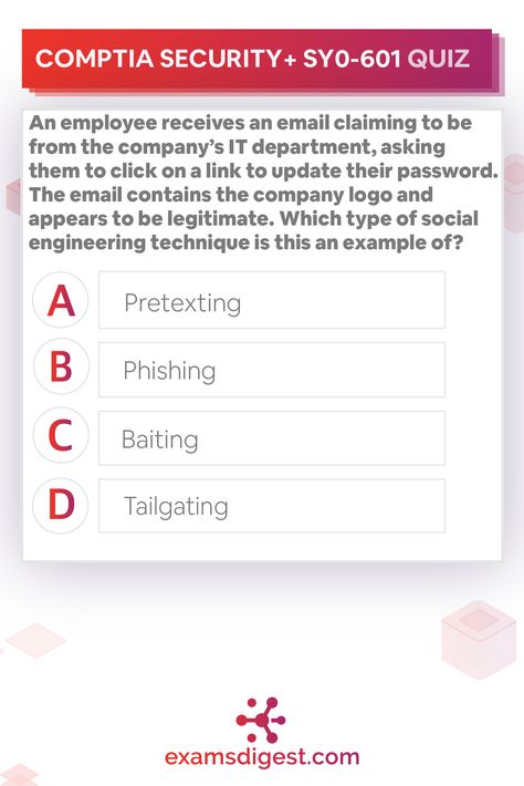 #CompTIAprep: Today's question comes from CompTIA Security+ SY0-601, can you crack it? Let us know how you did in the comment section below! #comptia #getcertified #onlinetraining #techtraining #networkengineer #security+ #certification #comptiasecurityplus #comptiasecurity #CompTIAsecurityPlus #CompTIA #computer #networksecurity #certification #comptiatraining #comptiacertified #securityplus #securitypluscomputertraining #comptiacertified #Cybersecurity #Cybersecuritytraining #Securitysystem Comptia A+ 220-1101, Comptia A+ Study Guides, Comptia A+, Cybersecurity Training, Network Engineer, Network Switch, Practice Exam, Exam Prep, Study Guides