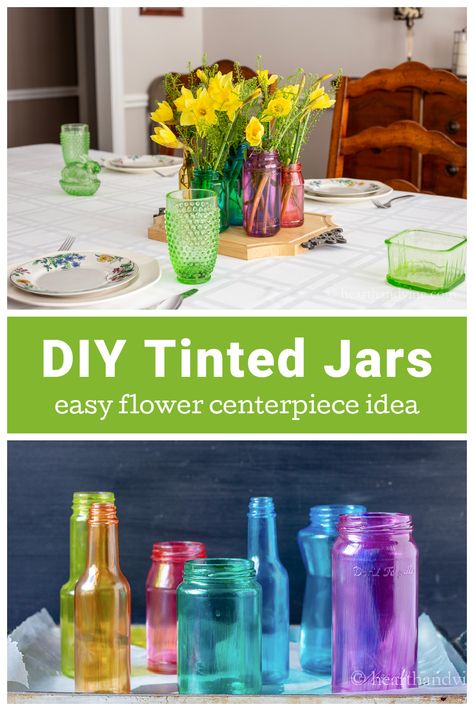 Upcycle empty glass jars with food coloring and mod podge for a beautiful look to your table with minimal time and cost. Modge Podge Glass, Tinted Glass Jars, Mod Podge Glass, Tinting Glass, Glass Jars Diy, Neon Food Coloring, Diy Mod Podge, Painting Glass Jars, Glass Vases Centerpieces