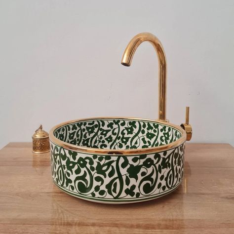 14 Karat Gold & Green Flower Washbasin Ceramic Bathroom Vessel - Etsy Mosaic Sink, Art Marocain, Moroccan Sink, Sink Decor, Painted Bathroom, Modern Bowl, Modern Bathroom Sink, Bathroom Remodel Tile, Gold Bathroom