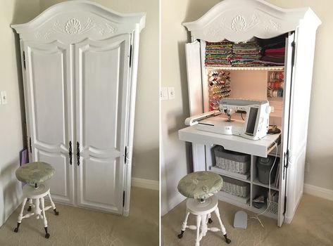 Turn an Old Armoire Into a Sewing Center - Quilting Digest Diy Sewing Cabinet Armoire, Armoire To Craft Cabinet, Sewing Cabinet Makeover, Sewing Cupboard, Sewing Room Ideas, Mermaid Cottage, Clothing Armoire, Furniture Refurbishing, Sewing Cabinets