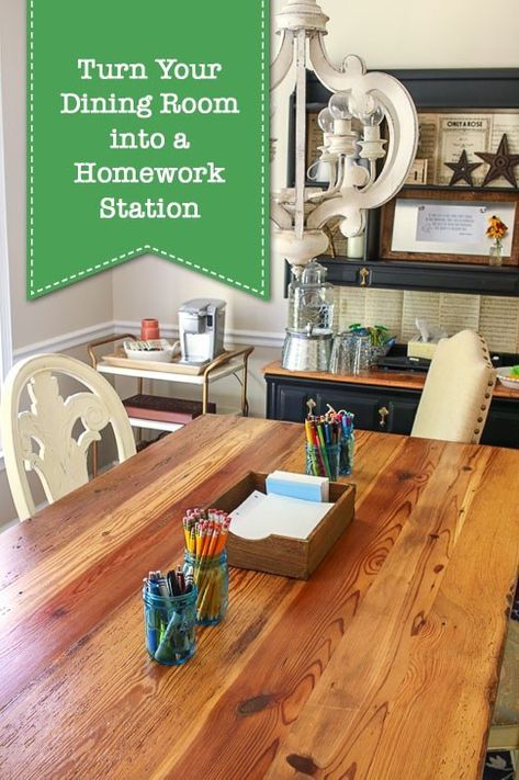 How to turn a dining room into a homework station your kids can't wait to use! | Pretty Handy Girl Dining Room Turned Homework Room, Dining Room Homework Area, Homework Station In Kitchen, Dining Room Homework Station, Homeschool Dining Room Organization, Homeschool In Dining Room, Dining Room Homeschool Space, Multipurpose Dining Room, Wfh Mom