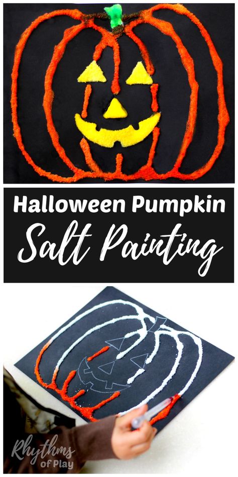 Making a Halloween pumpkin salt painting is an easy art project for kids that only takes minutes to set up. Kids from toddlers to preschoolers and up will enjoy the fun craft technique used to create this raised watercolor decoration. Click through to learn how to make your own DIY Halloween art with links to other ideas! Diy Halloween Art, Halloween Pumpkin Crafts, Halloween Art Projects, Salt Painting, Art Project For Kids, October Crafts, Halloween Kunst, Halloween Preschool, Project For Kids