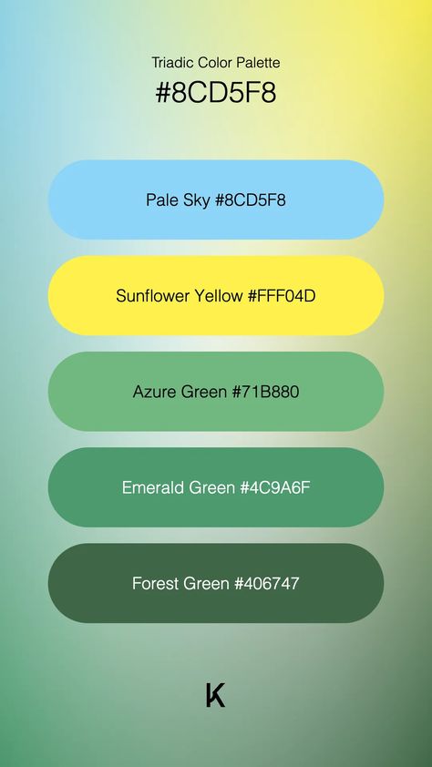 Triadic Color Palette Pale Sky #8CD5F8 · Sunflower Yellow #FFF04D · Azure Green #71B880 · Emerald Green #4C9A6F · Forest Green #406747 Dawn Sky, Hex Color Palette, Sunflower Yellow, Peace And Quiet, Hex Colors, Unique Colors, Color Palettes, Forest Green, Emerald Green