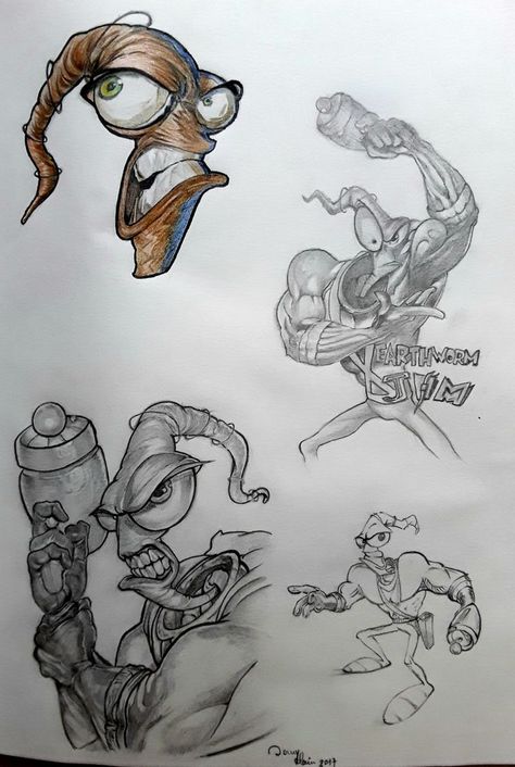 Earthworm Jim Tattoo, Video Game Sketches, Pendrawing Drawing, Earthworm Jim, Abstract Pattern Design, Graffiti Characters, Comic Drawing, Earthworms, Art Et Illustration