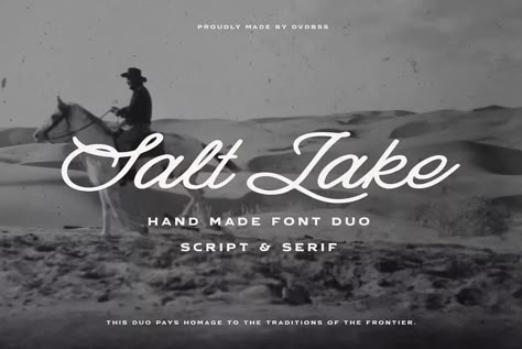 Salt Lake is a blend of rustic charm and enduring style, featuring both a handmade script and a bold serif font. Crafted for logo design, apparel branding, and more, this duo draws inspiration from the American Southwest, infusing elements of its rugged landscapes and rich cultural heritage into its design. Cowboy Font, Type Design Inspiration, Bold Serif Fonts, Illustrator Typography, Rustic Logo, Western Font, Apparel Branding, Graphic Design Fonts, Creative Typography