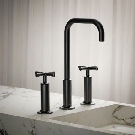 Kohler K-14408-3-BN Purist 1.2 GPM Widespread Bathroom | Build.com Kohler Purist Shower System, Kohler Purist Bathroom, Cottage Basement, Bathroom Faucets Black, Laminar Flow, Kohler Bathroom, Kohler Purist, Matte Black Faucet, Architectural Forms