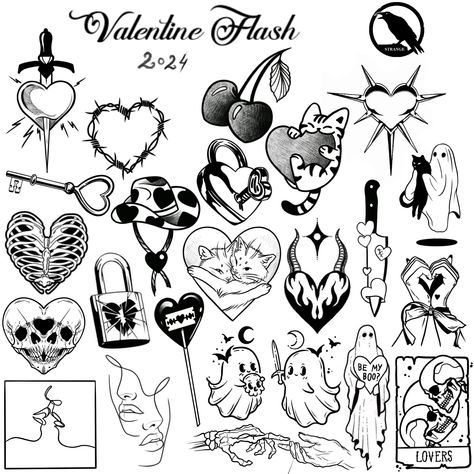 Elder Emo Tattoo, Valentine Flash Tattoo, Small Goth Tattoo, Goth Tattoo Flash Sheet, Goth Tattoos, Tattoo Sleeve Filler, Emo Tattoos, Grunge Tattoo, Goth Tattoo