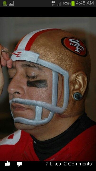 helmet head 49ers Face Paint, Facepaint Football, Football Face Paint, 49ers Game, Football Party Decorations, Cheek Art, Painting Faces, Helmet Head, Face Painting Easy