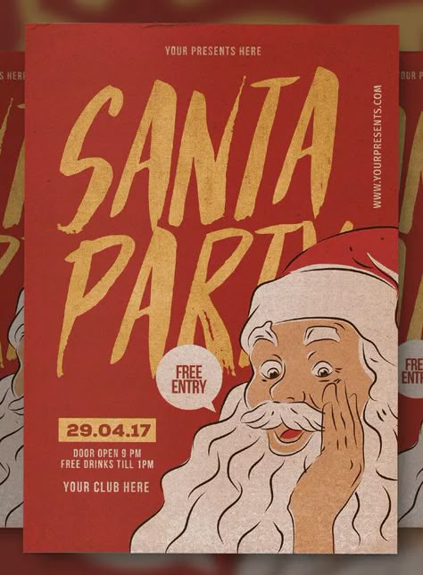 Santa Party Flyer Template PSD Santa Graphic Design, Christmas Event Flyer, Christmas Event Poster, Christmas Flyer Design, Christmas Brochure, Club Posters, Iphone Wallpaper Vintage Hipster, Christmas Party Flyer, Christmas Poster Design