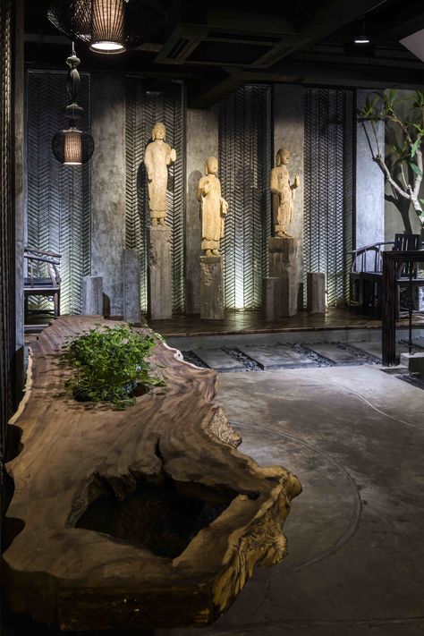 Asian Interior Design, Giant Buddha, Indochine Style, Asian Interior, Buddha Statues, Lobby Design, Vegetarian Restaurant, Reception Area, Asian Design