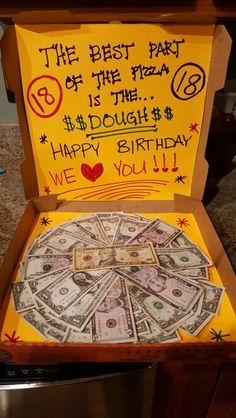 GIFT.. MONEY... the best part of the pizza is the dough. Happy birthday! Money Gift Ideas, Anniversaire Diy, Pastor Appreciation, Creative Money Gifts, Birthday Money, Money Gifts, Pizza Box, Birthday Gifts For Best Friend, Care Packages