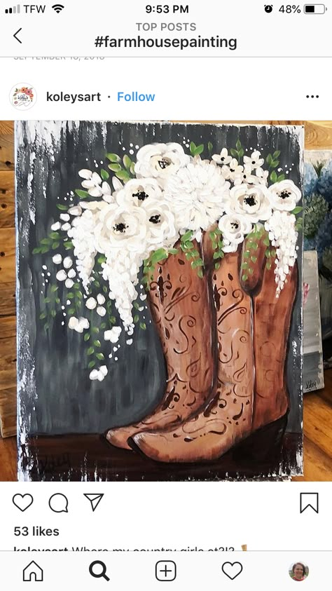 Painting Screens, Country Painting Ideas, Western Painting Canvas, Western Painting Ideas, Rodeo Crafts, Boot Painting, Rodeo Ideas, Slate Painting, Doodle Canvas