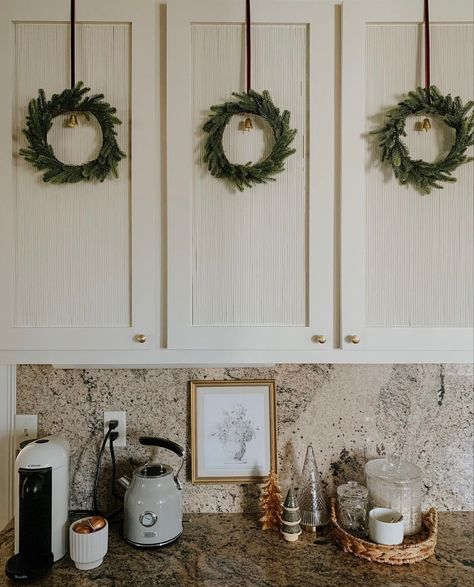 Small Wreaths On Cabinets, Hobby Lobby Christmas Decor 2023, Wreaths For Kitchen Cabinets, Christmas Cabinets Decorating Ideas, Christmas Wreath Kitchen, Wreaths On Kitchen Cabinets, Lobby Christmas Decor, Mini Christmas Wreaths, Door Christmas Wreaths