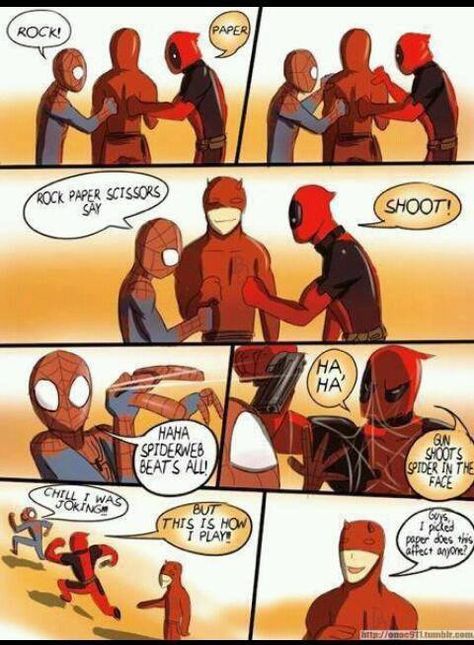 Rock, Paper, Scissors.... Deadpool Funny, Deadpool And Spiderman, Red Team, Dc Memes, Marvel Funny, Marvel Memes, Avengers Assemble, Marvel Dc Comics, Comic Strip