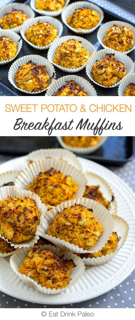 Paleo Sweet Potato & Chicken Breakfast Muffins (AIP, Whole30, Nut-Free) Paleo Breakfast Muffins, Sweet Potato Juice, Chicken Muffins, Sweet Potato Chicken, Breakfast Paleo, Aip Breakfast, Potato Chicken, Chicken Breakfast, Whole 30 Breakfast