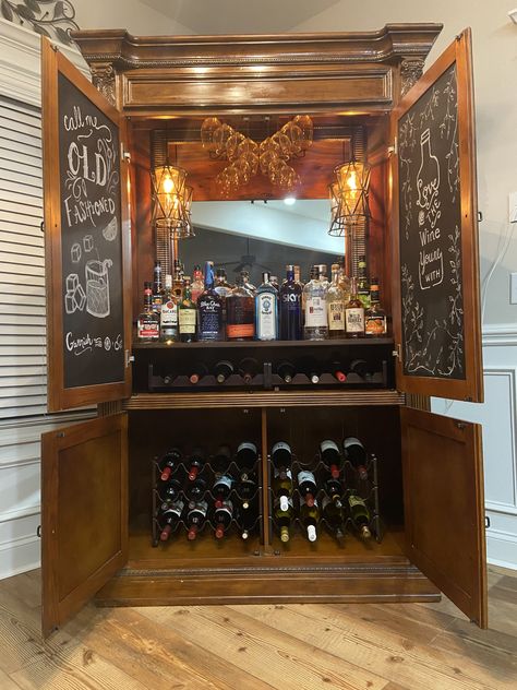 Repurposed TV cabinet into bar Cabinet To Bar Diy, Tv Cabinet To Bar, Diy Bar From Tv Cabinet, Tv Cabinet Bar, Tv Cabinet Turned Into Bar, Entertainment Center Bar Ideas, Tv Cabinet Coffee Bar, Repurposed Liquor Cabinet, Liquor Cabinet Makeover