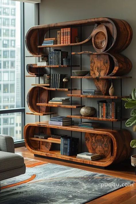 Live Edge Bookcase, Modern Bookcase Design, Mid Century Modern Bookcase, Bookcase Design, Modern Bookcase, Funky Furniture, Contemporary Interior Design, Home Library, Book Shelf