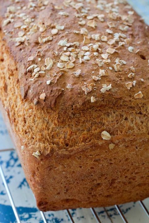 This Easy Wholemeal Bread Recipe is my go to when I want homemade sandwich bread and I want it fast! My no knead, whole wheat & vegan loaf ticks all the boxes which makes it my perfect everyday bread. #wholemealbread #wholewheatbread #veganbread #sandwichbread #nobreadflour #everydaybread #homemadebread #breadrecipe Honey Oat Bread Recipe, Wholemeal Bread Recipe, Bread In A Jar, Oat Bread Recipe, Vegan Loaf, Honey Oat Bread, Homemade Sandwich Bread, Wholemeal Bread, Oat Bread