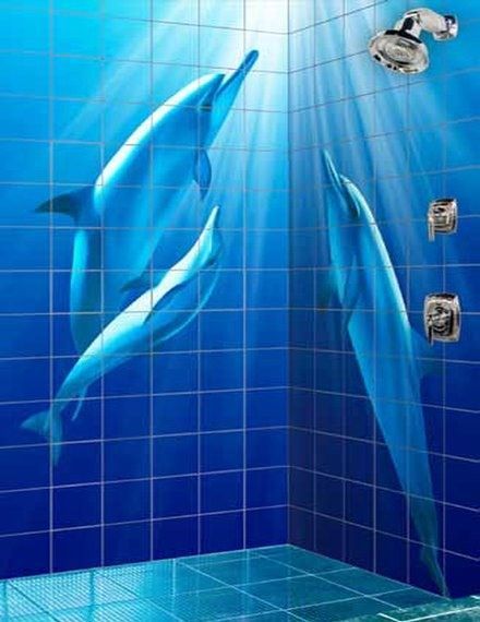 Dolphin Bathroom Ideas, Dolphin Bathroom, Latest Bathroom Tiles Design, Glass Tile Shower, Dolphin Decor, Modern Bathroom Tile, Dolphin Lover, Dolphin Art, Waterfall Design