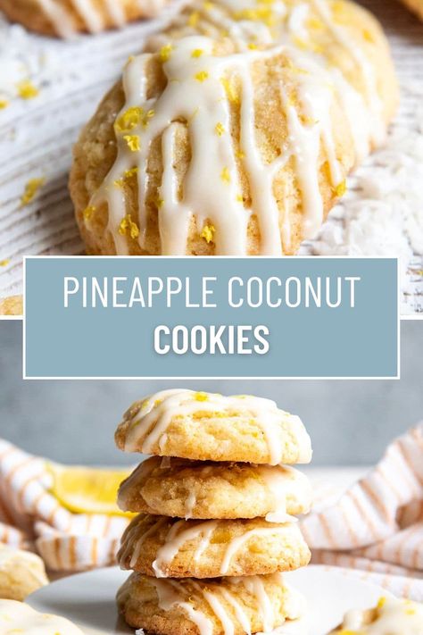 These Pineapple Coconut Cookies combine delicious tropical flavors in a soft cookie topped with a cream cheese glaze. It's like you're transporting yourself to a tropical island paradise, all in the comfort of your home with these refreshing, and fun cookies! Pineapple Cinnamon Sugar Cookies, Fried Coconut Pineapple Rings, Hawaiian Pineapple Coconut Cookies, Pineapple Upside Down Cookies Recipe, Pineapple Coconut Cookies, Unusual Cookies, Lemon Coconut Cookies, Coconut Cookie Recipe, Tropical Cookies