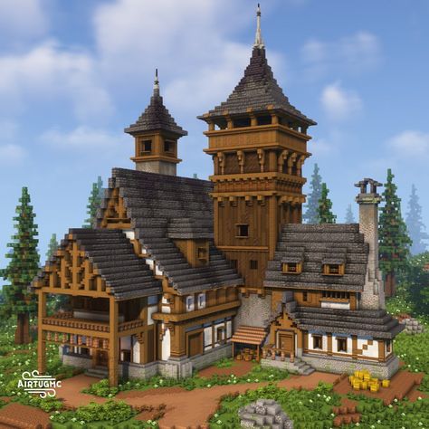 Airtug on Instagram: “Medieval house, lmk what you guys think of it By hahi YU on artstation #minecraft #minecraftbuilds #minecraftbuild #minecraftonly…” Minecraft House Medieval Survival, Minecraft Large House Blueprints, Minecraft Mine House Ideas, Manor Minecraft House, Minecraft How To Build Houses, House Build Ideas Minecraft, Minecraft Vault Hunters, Medieval Mc House, Minecraft Building Ideas Medieval Castle