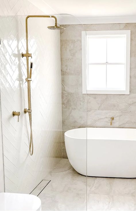 Brushed Gold Tapware Bathroom, Combined Laundry And Bathroom, Shower Bath Combo, Brass Tapware, Shower Combo, Oak Bathroom, Bathroom Gallery, Bright Bathroom, Stone Bathroom