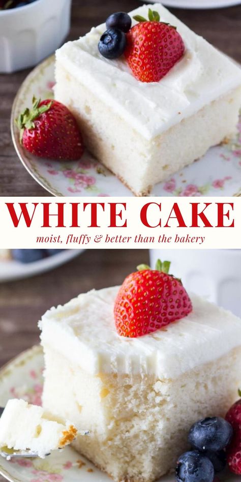 This white cake is moist and fluffy with a soft cake crumb. It's perfect for potlucks and birthday parties. It's made with just egg whites to give the cake it's white color and more delicate cake crumb. #whitecake #sheetcake #vanillafrosting #9x13 #vanillacake from Just So Tasty https://www.justsotasty.com/perfect-white-cake-with-vanilla-buttercream/ White Cake With White Frosting, Heavenly White Snack Cake, Sheetcake Dessert, The Best White Cake Recipe Ever, White Sheet Cake, Easy White Cake Recipe, Fluffy White Cake, Best White Cake Recipe, White Sheet Cakes