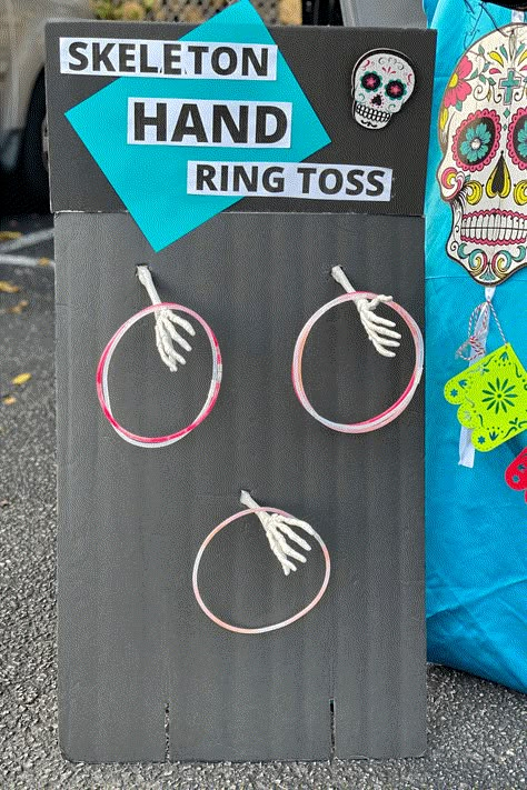 Halloween Day Party Ideas, Skeleton Ring Toss, Hallo Wiener Activities, Truck Or Treat Games, Halloween Ring Toss Game Diy, Trunk Or Treat Games Activities, Halloween Fun Run, Fun Trunk Or Treat Games, Skeleton Games For Kids