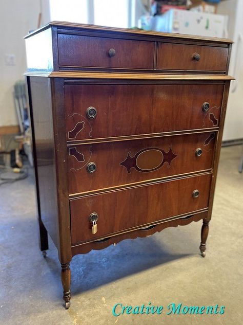 It was my pleasure to restore this antique highboy chest of drawers for a customer for her young daughters' bedroom. Classic white will grow with them and pair with almost any accent color they choose over the years. The wooden dresser was the customers grandmother's. I just love when people keep this historic pieces in the family passing down thru the generations.There is a matching vanity that will be done to match as well.Updating them with fresh new color after a good scrub and r… Antique Chest Of Drawers Makeover, Highboy Dresser Makeover, Antique Tallboy Dresser, Chest Of Drawers Makeover, Tallboy Dresser, Antique Chest Of Drawers, Highboy Dresser, Diy Furniture Decor, Antique Chest