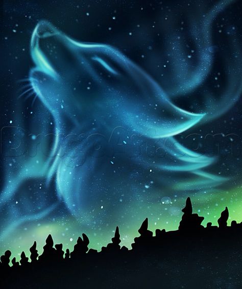 Aurora Borealis howling wolf spirit Art Amour, Wolf Painting, Wolf Spirit Animal, Wolf Wallpaper, Wolf Drawing, Wolf Spirit, Wolf Tattoos, Anime Wolf, A Wolf