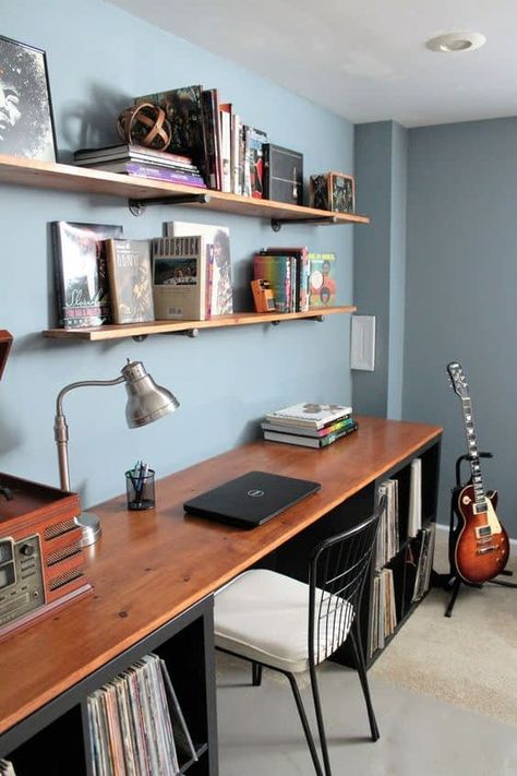 Music Room Display, Blue Painted Kitchen Cabinets, Popular Interior Paint Colors, Minwax Polyshades, Office Music Room, Music Room Office, Best Blue Paint Colors, Pipe Shelving, Music Bedroom