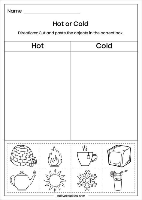 Free hot and cold worksheets for preschool. Sun Worksheet, Opposites Preschool, Weather Activities Preschool, Preschool Weather, Preschool Activities Printable, Homeschool Preschool Activities, Homeschool Worksheets, Free Preschool Printables, Kids Worksheets Preschool