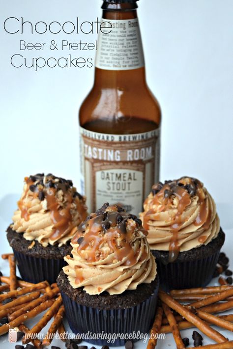 Chocolate Beer & Pretzel Cupcakes - Perfect for your SuperBowl party!!  Sweet Tea & Saving Grace Pretzel Cupcakes, Beer Cupcakes, Beer Pretzels, Chocolate Beer, Beer Tasting Parties, Boozy Cupcakes, Cooking With Beer, Boozy Desserts, Saving Grace