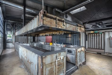 savioz fabrizzi architectes lieu des musiques actuelles sion shipping containers designboom Container Coffee Shop, Shipping Container Buildings, Shipping Container Ideas, Bar Deco, Shipping Container Architecture, Container Restaurant, Sea Containers, Container Home Designs, Container Cafe