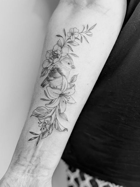 Lillie’s And Sparrow Tattoo, Bird And Lily Tattoo, Lilly And Sparrow Tattoo, Lily And Sparrow Tattoo, Sparrow And Lily Tattoo, Bird Flowers Tattoo, Sister Tats, Sister Tat, Lillies Tattoo