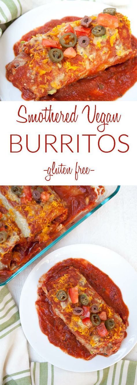 Smothered Vegan Burritos (gluten free) - These wet burritos are filled with spicy black beans and rice, then smothered in a homemade enchilada sauce. #smotheredburritos #wetburritos #vegan #glutenfree Spicy Black Beans, Vegan Burritos, Wet Burrito, Tacos Vegan, Pastas Recipes, Vegan Burrito, Mexican Meals, Black Beans And Rice, Homemade Enchilada Sauce