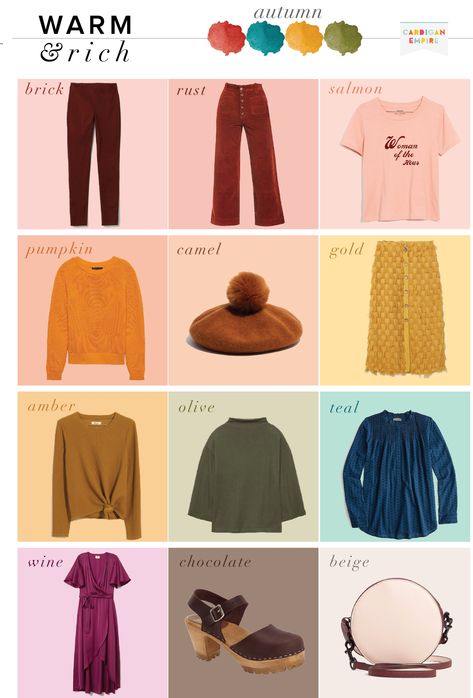 autumn-what-to-wear-seasonal-color-analysis Autumn Color Type Outfit, Autumn Color Capsule Wardrobe, Color Analysis Autumn Outfit, Autumn Palette Capsule Wardrobe, Autumn Colour Palette Clothes Outfit, Colorful Fall Capsule Wardrobe, Late Autumn Outfit, Capsule Wardrobe Deep Autumn, Deep Autumn Color Outfits