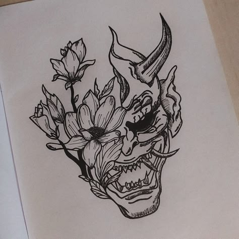 Oni Mask With Flowers Tattoo, Japanese Surrealism Tattoo, Illustrative Tattoo Designs, Half Oni Mask Tattoo, Omni Mask Tattoo, Oni Mask Tattoo Design Ideas, Skull Tattoos For Women, Japanese Demon Tattoo, Oni Mask Tattoo