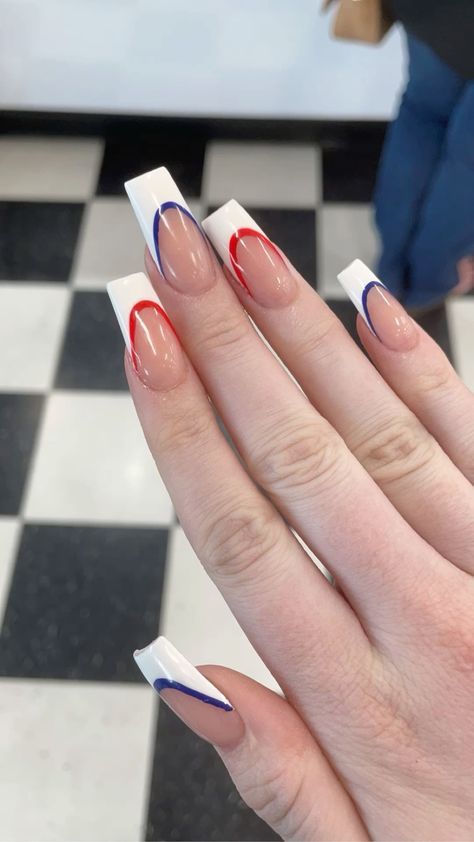 Forth Of July Nails French Tips, Nail Ideas Acrylic 4th Of July, Nails Acrylic 4th Of July Simple, 4tg Of July Nails Acrylics Simple, Red White And Blue French Nail Tips, America French Tip Nails, 4th Of July Nails French Tips, Almond Red White And Blue Nails, Red White And Blue Tips Nails